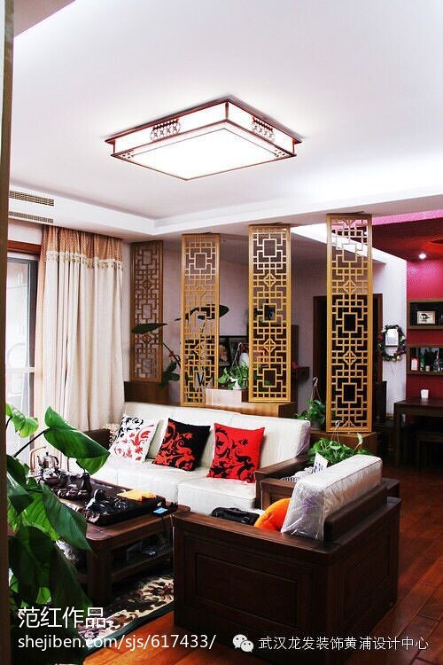 中式客厅手绘吸顶灯装修效果图