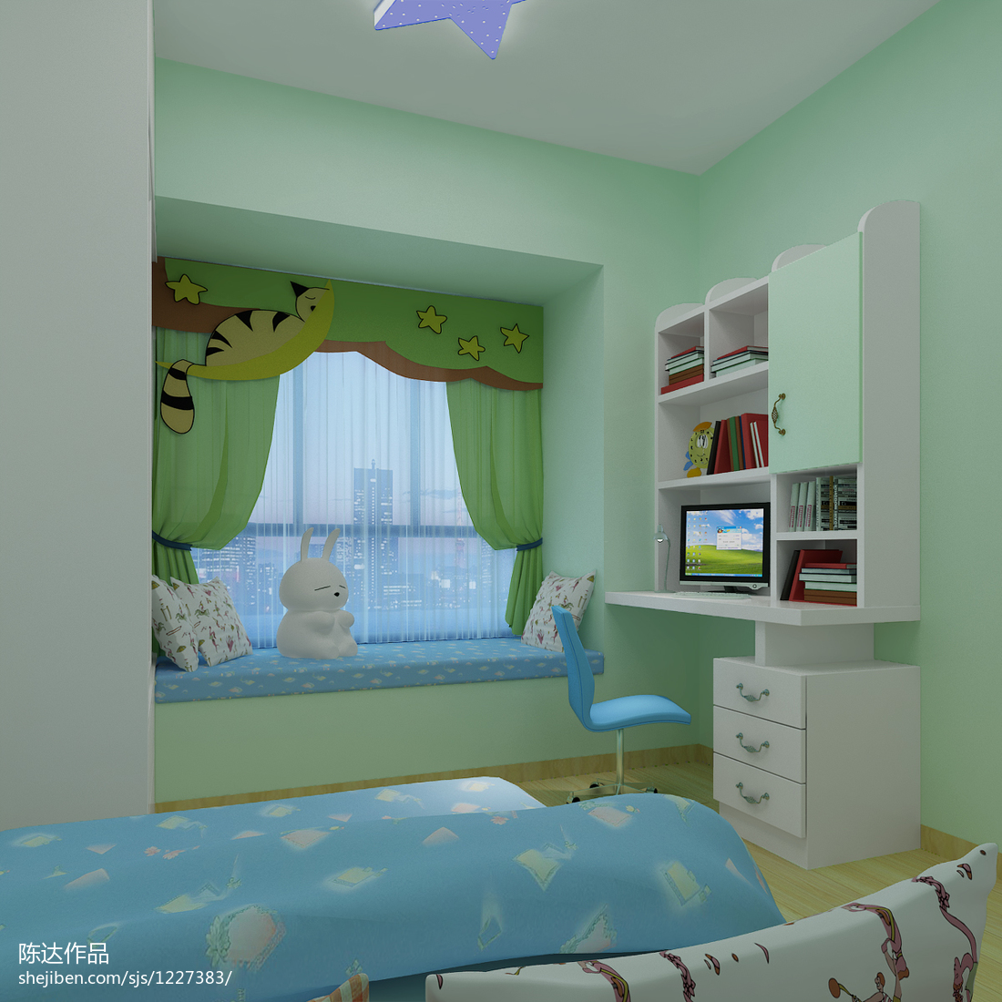 绿洲香格丽花园现代双人儿童房窗帘家具装修设计效果图 – 设计本装修效果图
