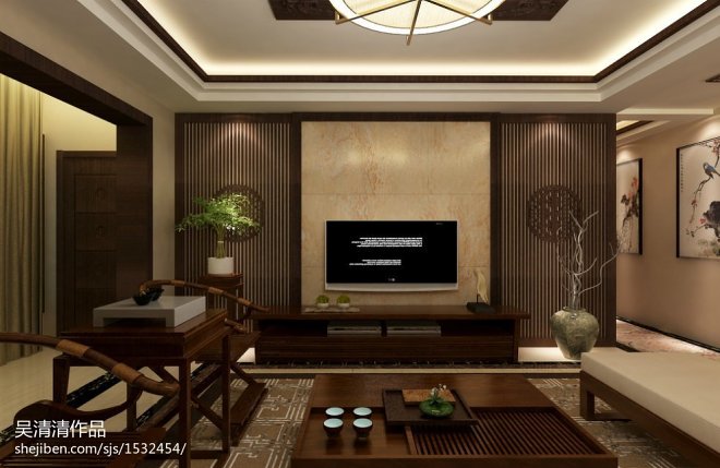 中式客厅实木家具茶几效果图