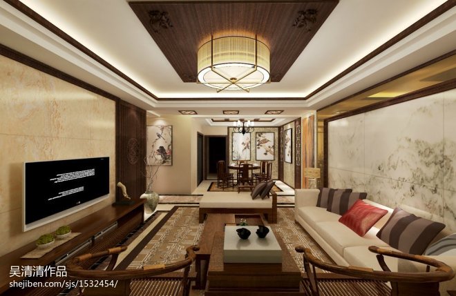 中式客厅大理石电视墙设计图片