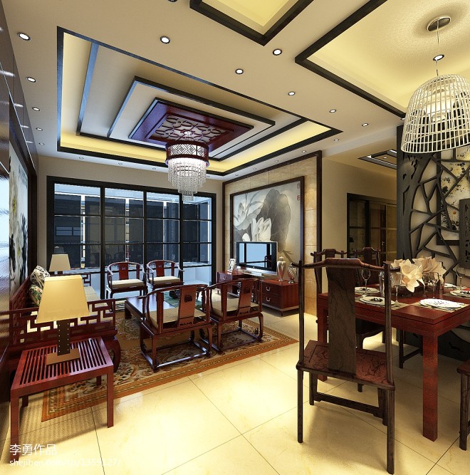中式家装客厅餐厅一体化吊顶造型欣赏