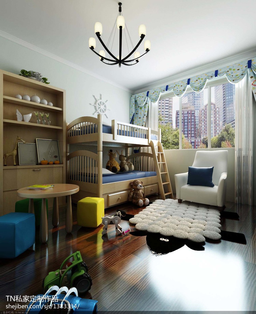 欧式小孩房实木子母床效果图 – 设计本装修效果图