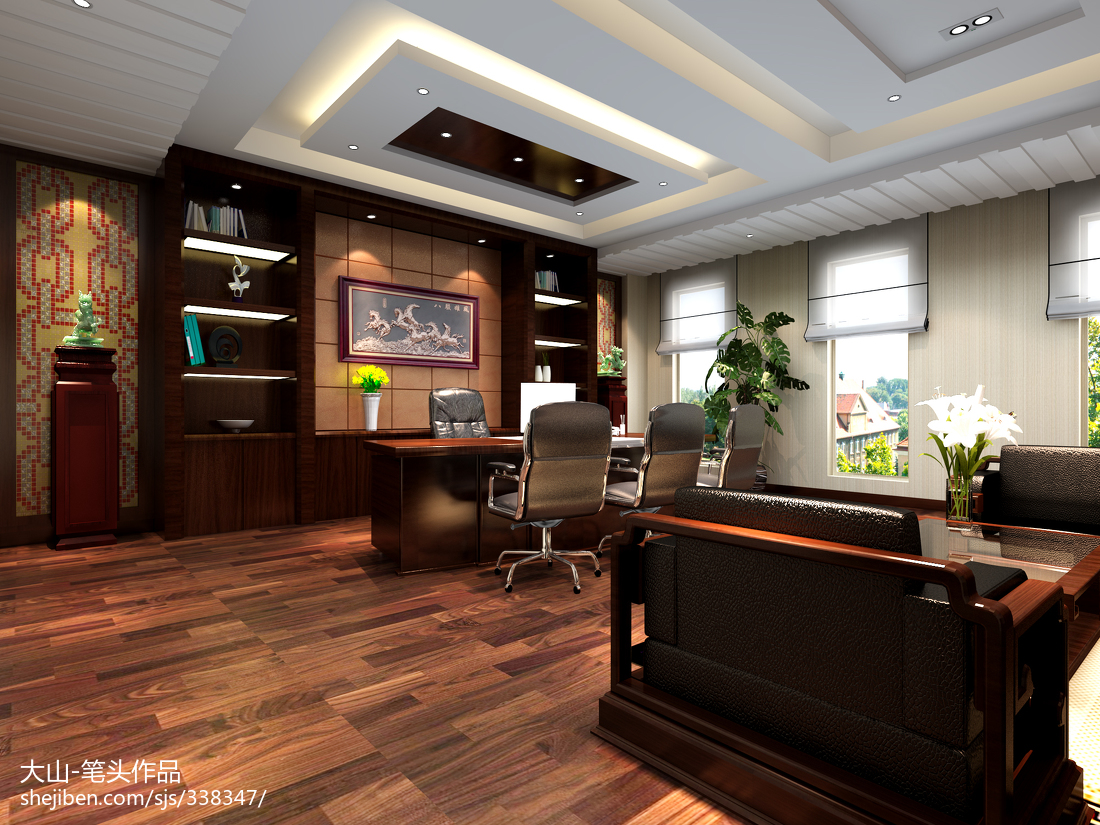 280平新中式办公室装修案例_效果图-传统与现代的新中式办公室-意辰装饰