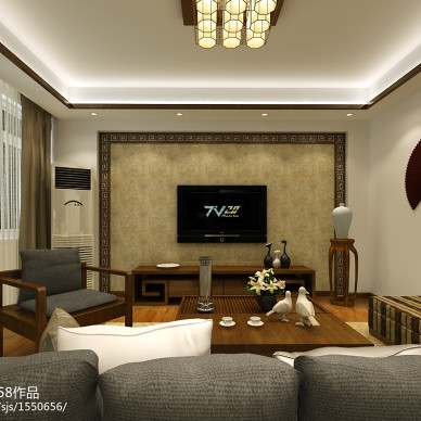中式二居室家庭电视墙装修图片