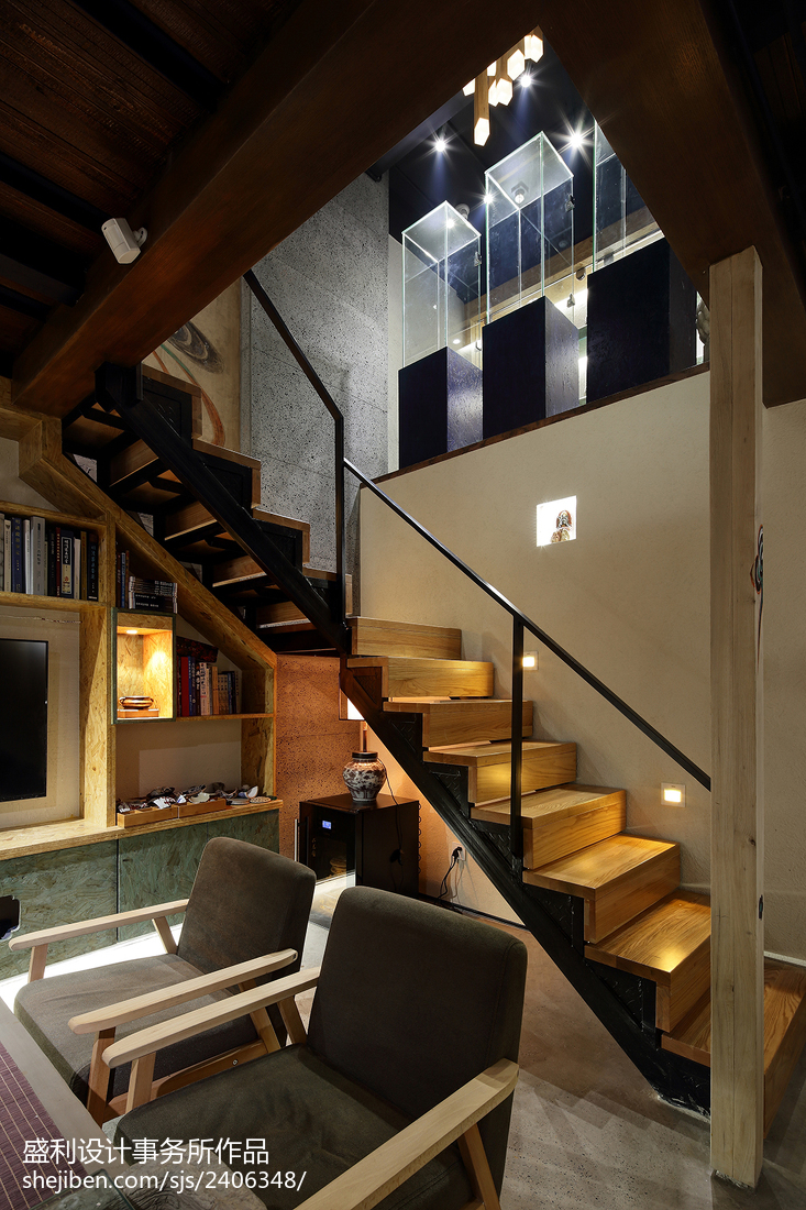 中式休闲会所一层楼梯装修图 – 设计本装修效果图