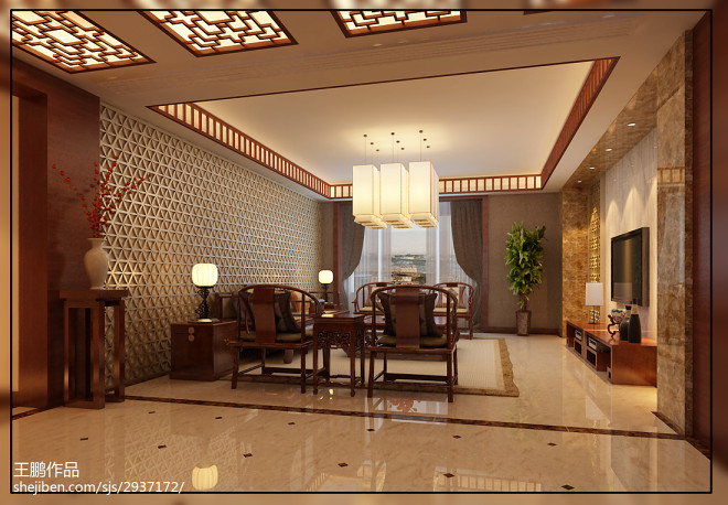 中式客厅家庭软装设计效果图片