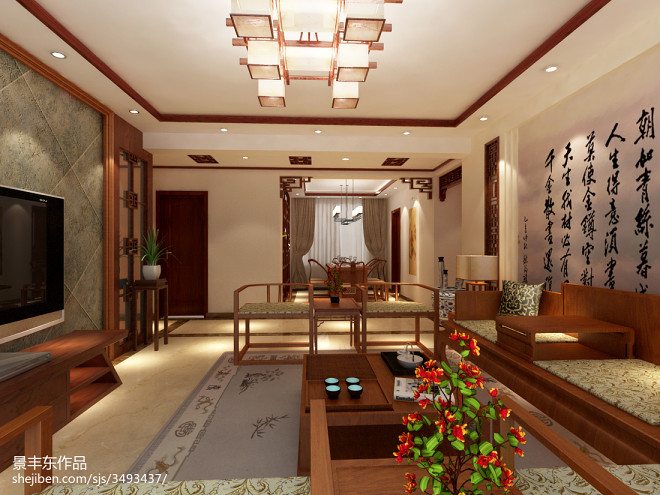 中式风格室内客厅花架摆放图片