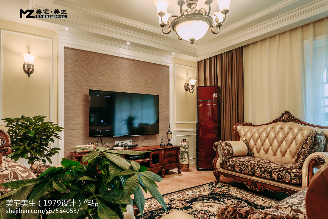 美式古典风格客厅电视背景墙装修图片