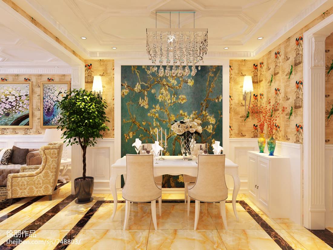 新中式客厅餐厅|空间|室内设计|张美丽效果图 - 原创作品 - 站酷 (ZCOOL)