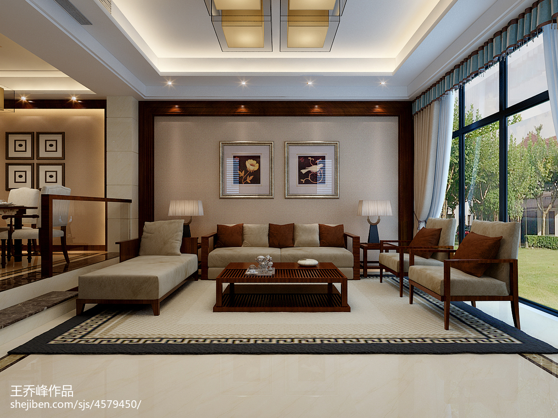 新中式风格客厅 电视背景墙 沙发 茶几 单椅|空间|建筑设计|全国效果图设计 - 原创作品 - 站酷 (ZCOOL)