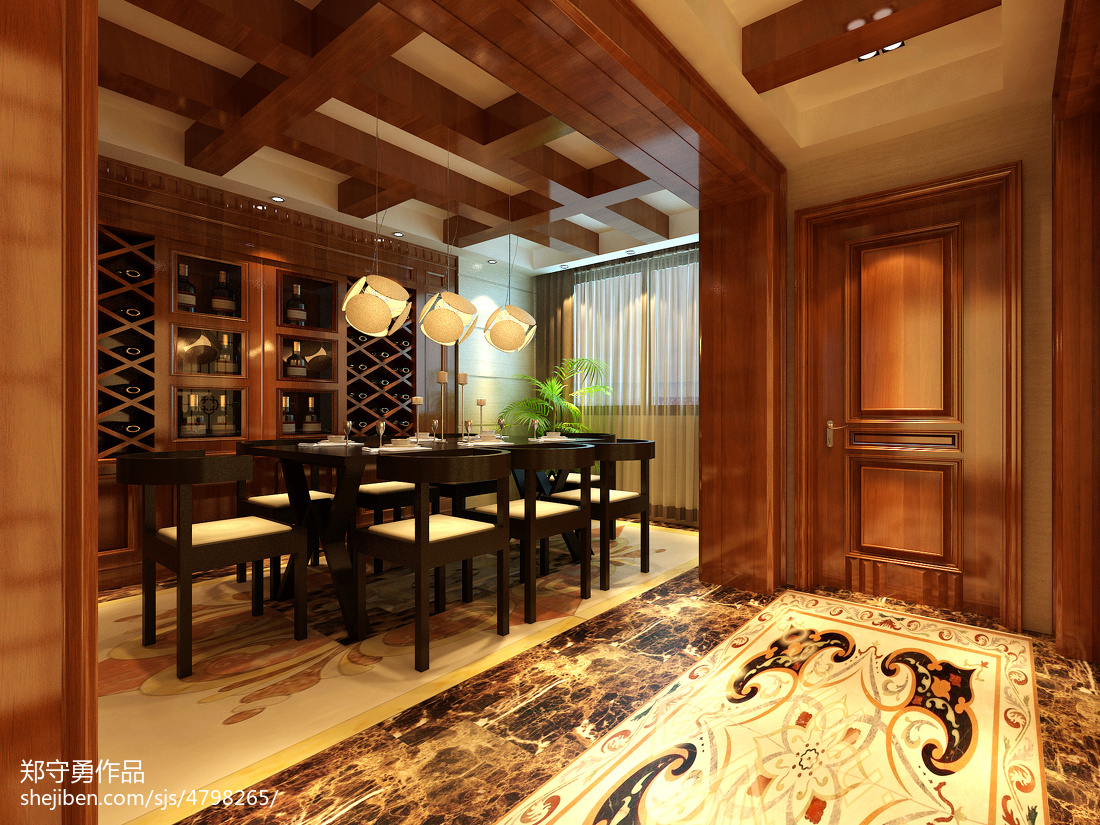 新中式风格餐厅实木酒柜设计装修效果图2023_装信通网效果图