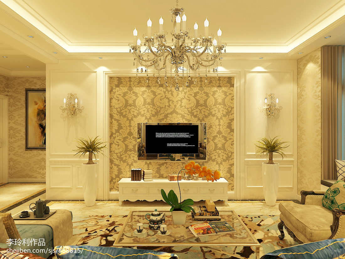 欧式客厅电视背景墙石膏装饰设计 – 设计本装修效果图