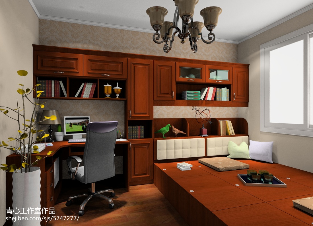 3D家具效果图办公家具实木书桌书架组合桌书柜办公桌_小孟3D效果图-站酷ZCOOL