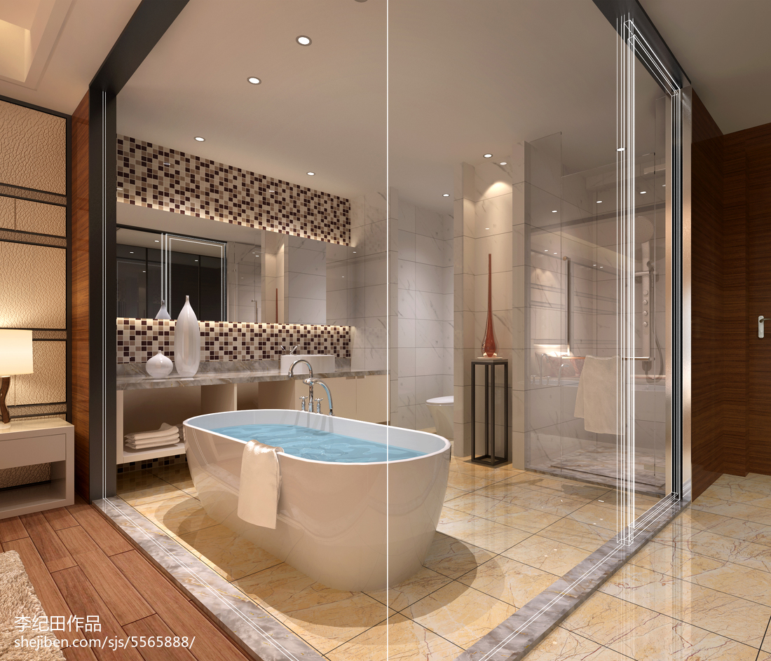 2013欧式风格主卧室连卫生间干湿分离玻璃隔断装修效果图 – 设计本装修效果图