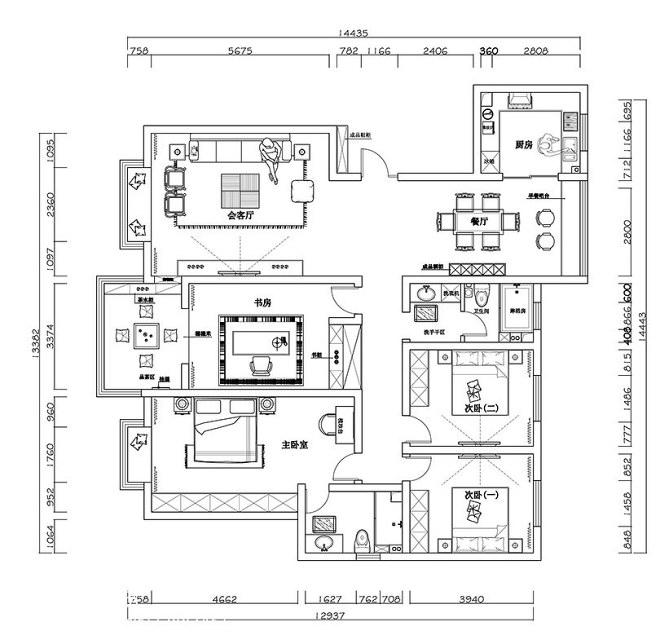 豫武花园四室新中式风格装修案例设计图