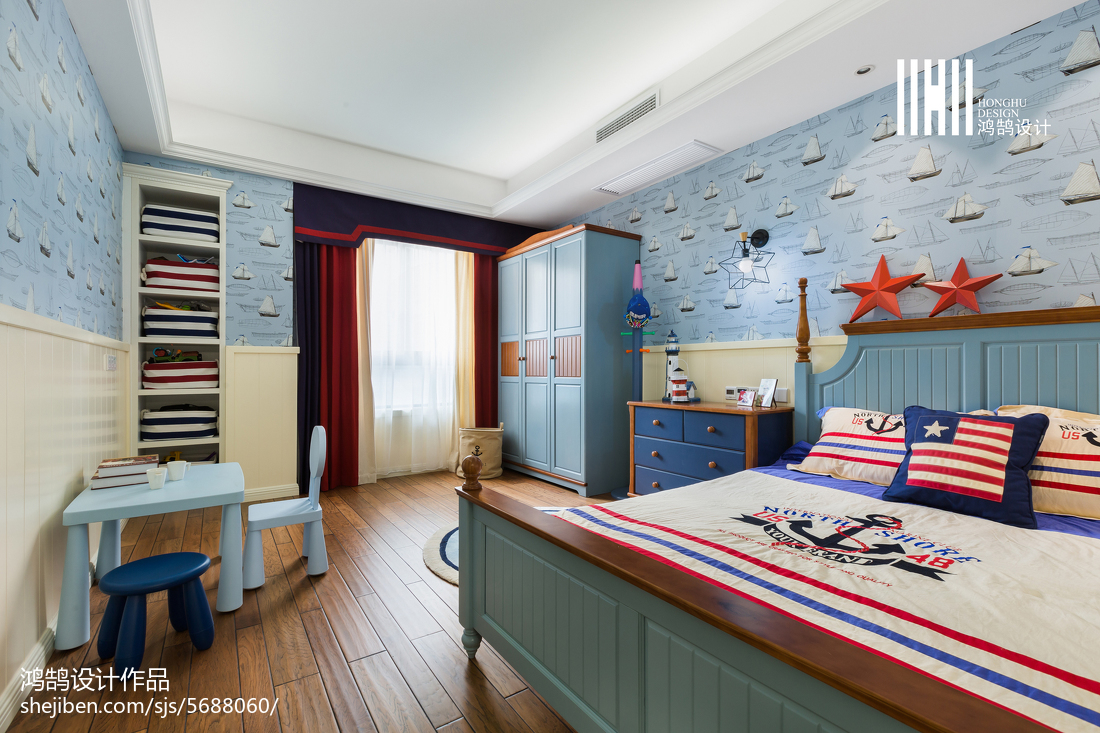 海蓝色美式儿童房设计案例