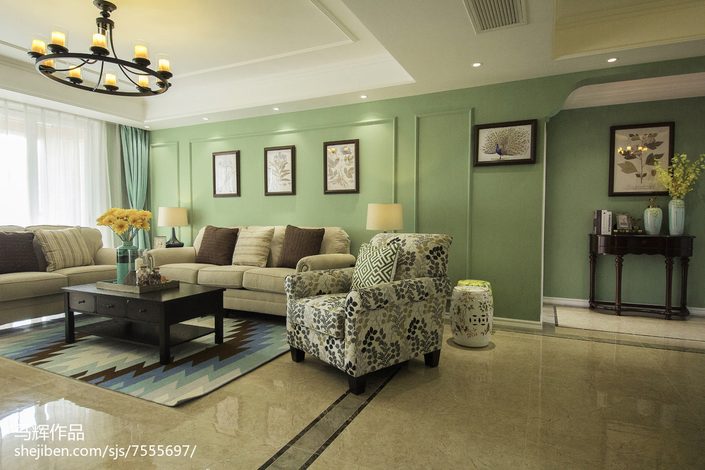 薄荷绿美式客厅设计