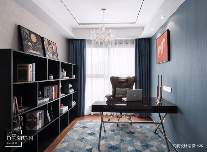 现代三居蓝调书房设计实景图片