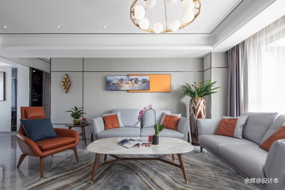 《橙色时光，现代轻奢公寓》—客厅图片
