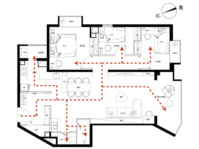 105平米三居室路径户型图