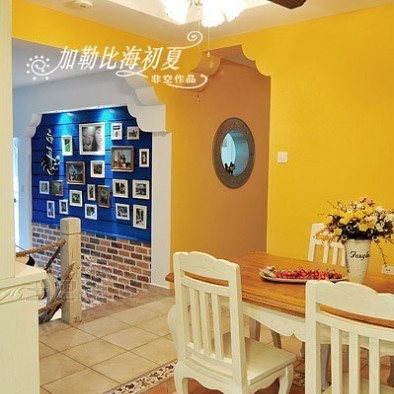 家装复式楼照片墙阁楼餐厅黄色墙面漆装修效果图