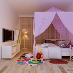 现代粉色儿童房手绘卡通背景墙装修设计效果图