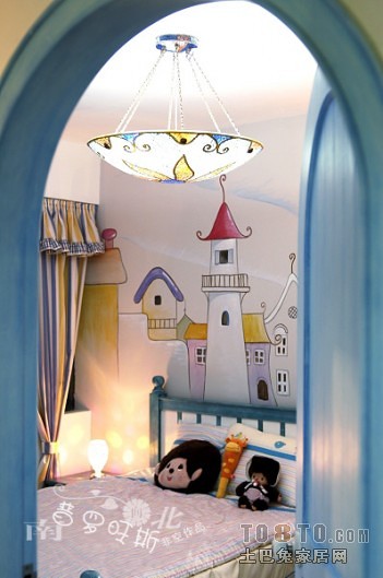 地中海风格复式楼最新双人儿童房手绘背景墙装修效果图片
