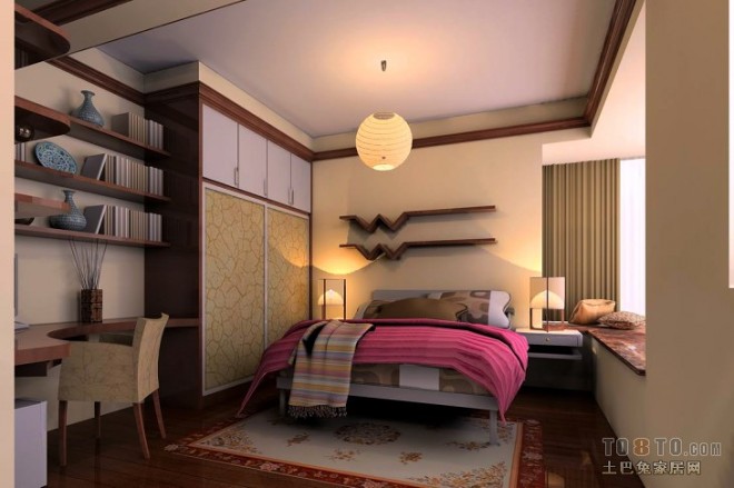 中式风格小孩房带床书房装修效果图