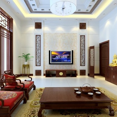 中式红木家居客厅电视背景墙装修效果图