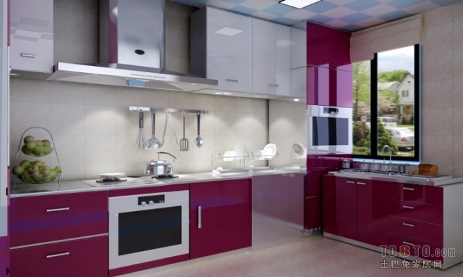 欧式厨房时尚紫色橱柜装修设计效果图