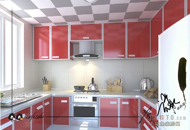 混搭厨房活泼阳光红色组合橱柜装修设计