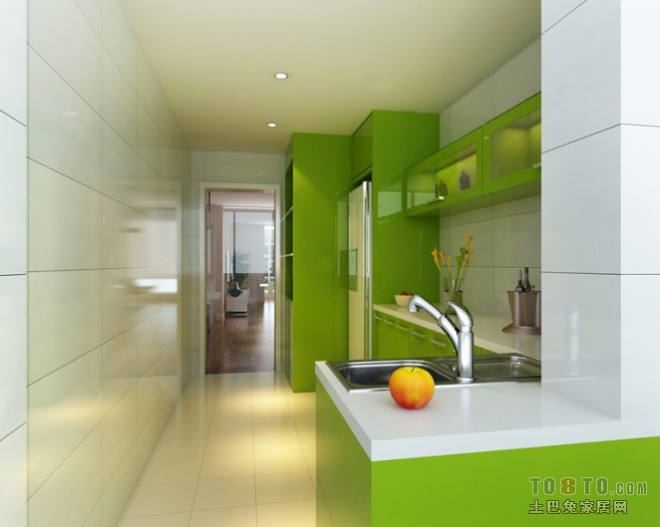 现代厨房绿色时尚橱柜装修设计效果图
