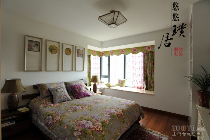 混搭风格简单温馨家居女性卧室床头背景墙飘窗装修效果图片