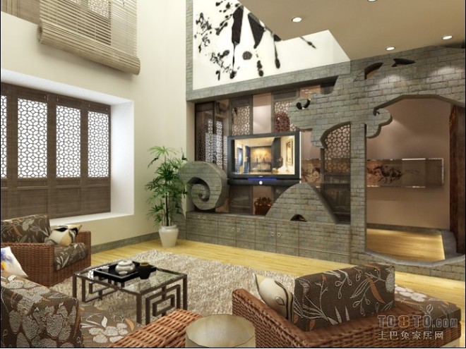 中式现代客厅山水画感觉装修效果图
