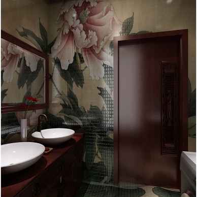 混搭卫浴牡丹背景墙瓷砖装修设计效果图