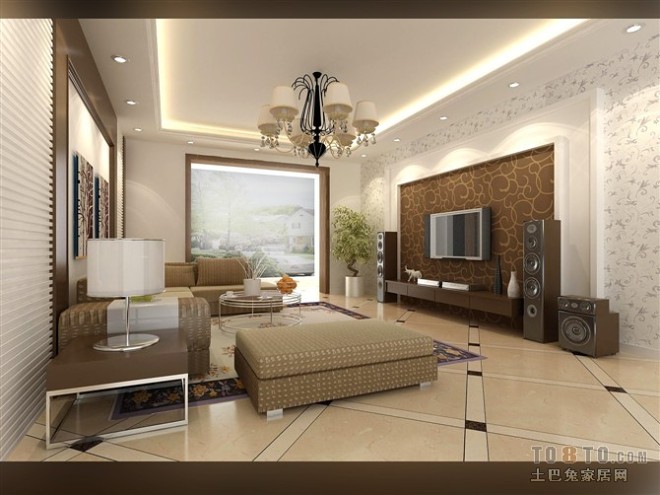 采用褐色的格调设计的客厅，电视背景墙