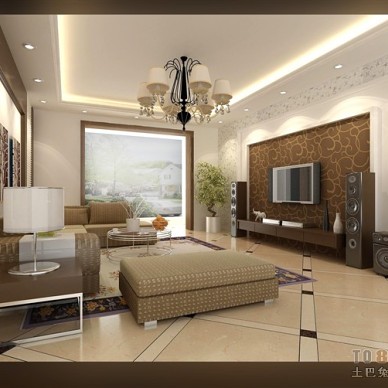 采用褐色的格调设计的客厅，电视背景墙的颜色恰到好处的点缀，让人觉