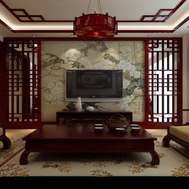 梅花高洁的品质修饰着电视背景墙，让中式古典的客厅更具深蕴的文化气